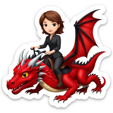 Me, a white female with brown hair, riding a black and red dragon to your work sticker