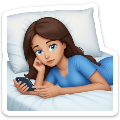 Brunett white girl with blue eyes, laying on stomach  In bed at night , using her iPhone sticker