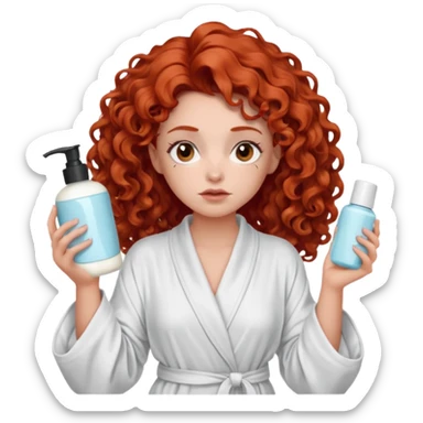 Cartoon emoji of a girl with voluminous curly red hair, fair skin, brown eyes. Wearing a chic milky silk robe with long sleeves, no makeup. Portrait mode, holding 2 moisterizers or different skin care products, looking super doubtful twisted and unsure. she is miserab;e sticker