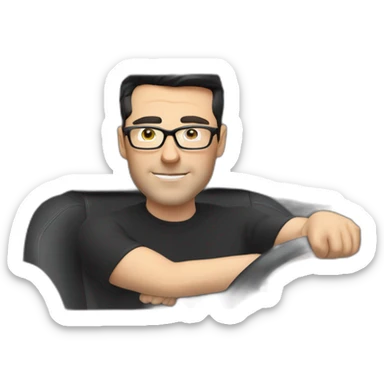 middle-age-lean-white-man-with-black-hair-&-glasses-wearing-tesla-t-shirt-inside-left-drive-black-tesla-model-3, at the wheel, front view sticker