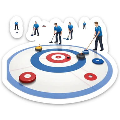 An icon showing a curling match on an indoor ice stadium, with a polished curling stone gliding toward the target and players sweeping. Spectators watch from stands, and flags hang above the rink. Transparent background highlights strategy and focus in the sport of curling. sticker