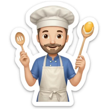Middle aged male pastry chef - with a small beard, apron, white hat, holding an egg beater in his right hand, and his left hand naturally hanging down to his side sticker