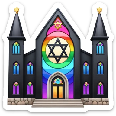 jewish synagogue temple in dark goth aesthetic style with black building and rainbow tint glass windows and star of david sticker