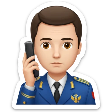 A Russian prosecutor's uniform, a man with a phone looking at something sticker