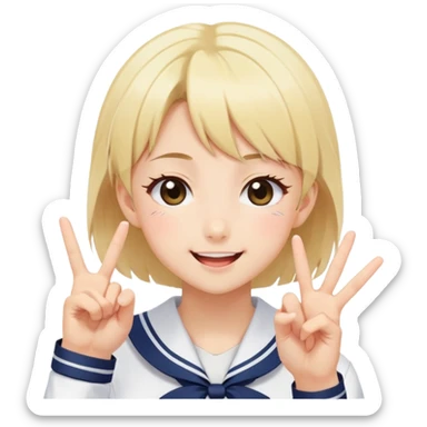 Energetic anime girl with short blonde hair wearing Japanese sailor style school uniform, winking and making double peace signs, very cheerful and bubbly, kawaii style sticker