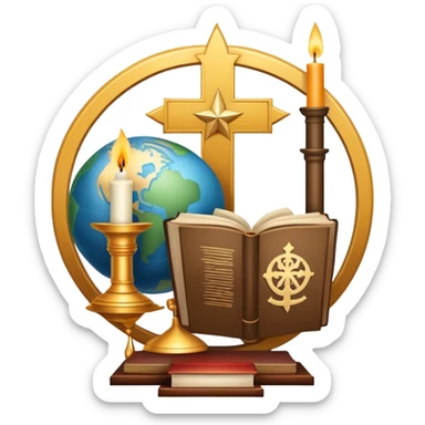 An icon featuring a holy book, a candle, a cross, and Islamic crescent and star, alongside a Buddhist wheel of Dharma, symbolizing religious studies. The design includes a globe with these symbols, representing the diversity of beliefs. Transparent background  sticker