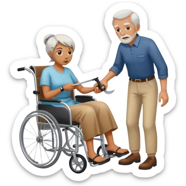 Woman with a knife in one hand, pushing with the other a wheelchair with an old man sticker