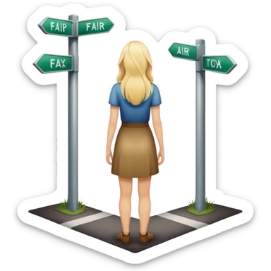 back of blonde woman stands In front at a crossroads between two paths—one illuminated, the other in shadow... scary and light  sticker