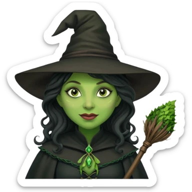 elphaba the wicked witch from wicked movie (cynthia erivo) dark long curly hair, thick lips, green skins, witch hat, witch broom, evil, wicked musical film, smirk sticker