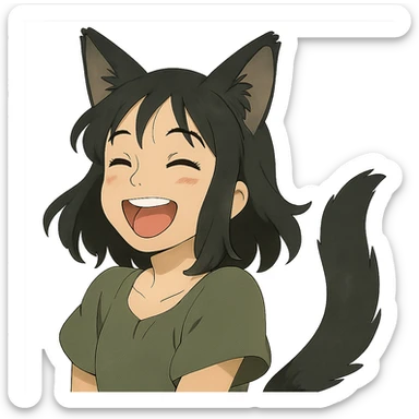 A girl with black fox ears and a tail, green eyes, dark hair, laughing sticker