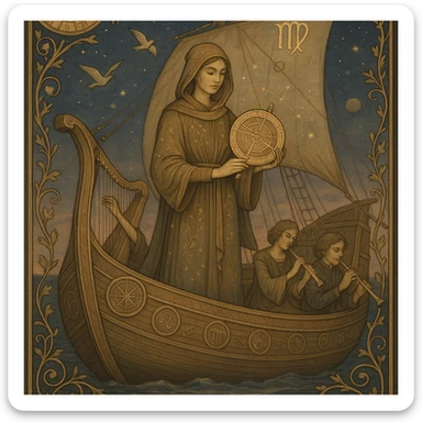Tarot card titled 'The Voyager – Virgo': A serene, graceful Virgo figure in earth-toned robes embroidered with constellations and plants, holding a celestial map or astrolabe, standing on a majestic ship with zodiac carvings and arcane symbols. Birds soaring overhead, musicians playing harps and flutes, border featuring vines, zodiac wheels, and golden filigree. Twilight sky filled with stars, subtle planets, and Virgo glyphs woven into the sails. Mysterious, harmonious, and purposeful mood. sticker