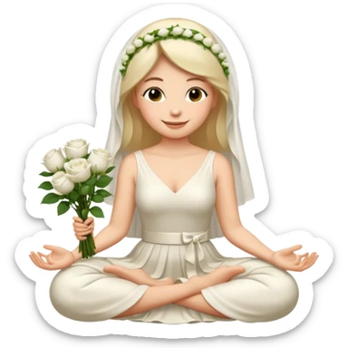 emoji of bride smiling serenely while meditating with bouquet, transparent background sticker