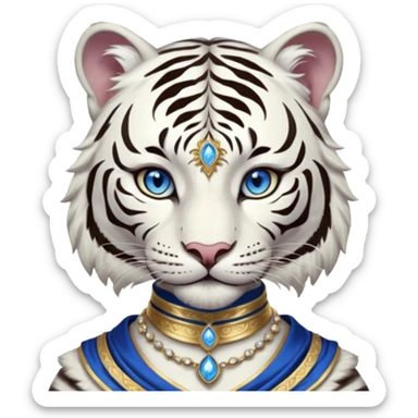 ESO Female white tiger khajiit leader of the umbral rose, blue eyes, blue 'third eye' gem, something symbolizing leadership ruling sticker