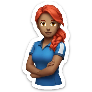 a female esports coach with red hair and blue shirt.  sticker