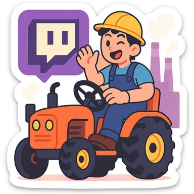 Twitch logo with a factory worker operating a tractor, vibrant colors, anime-inspired style sticker