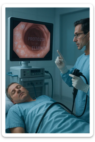 A medical cinematic illustration showing a patient undergoing a colonoscopy in a modern clinical setting. On the monitor, the endoscopic camera shows smooth, healthy-looking intestinal mucosa — clean and without evidentiary signs. But layered symbolically in the background (or faded into the intestinal wall), tiny parasitic organisms like protozoa and helminths are subtly depicted hiding between folds, or embedded deeper in tissues, undetectable by the surface-only scope. The doctor gestures with confidence, while the patient remains unaware that the test might not reveal the true underlying infection. The scene has cool clinical lighting, shallow depth of field, and realistic anatomy, overlaid with symbolic, almost ghost-like imagery of parasites in italiano sticker