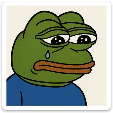 Pepe the Frog looking sad with a single tear, meme style, green skin, blue shirt sticker