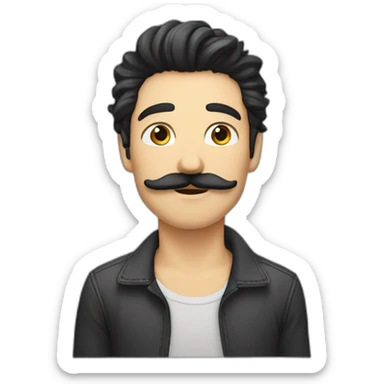 caucasian male, black scraggy hair, mostache sticker