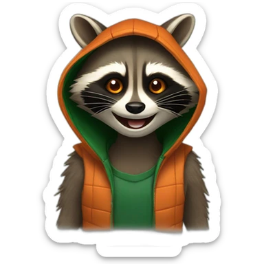 brown raccoon with orange eyes and a dark green hood that is laughing sticker