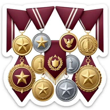 Icon for Collecting Orders, Medals & Badges: a variety of medals, orders, and badges displayed on a large maroon pennant with fringed edges. The icon should convey the prestige and historical value of these collectibles. Transparent background. sticker