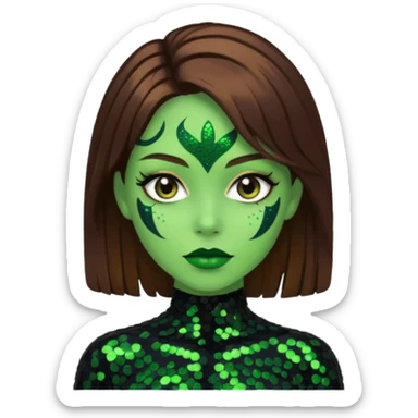 The Wicked Witch from Oz with green skin, brown hair, black sequin outfit sticker