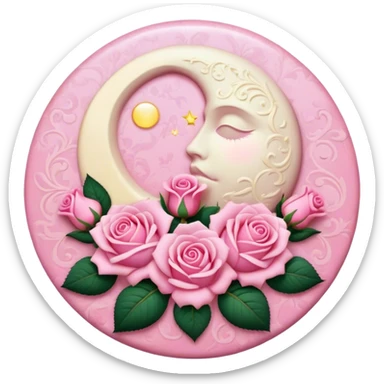 A round pink button with a light cream full damask moon and pink roses in the center sticker