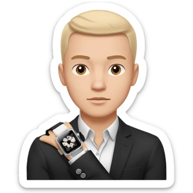 man wearing a black strap watch portrait, head and shoulders only, square jawline, strong facial structure, confident expression, black strap wristwatch visible, 3D cartoon, mobile game icon style, clean background, no text, no watermark
 sticker
