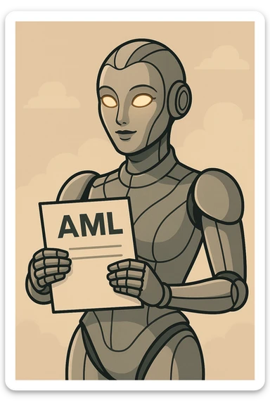 Update the futuristic robot to have a more feminine appearance, holding a document marked 'AML', in a sleek, professional style. sticker