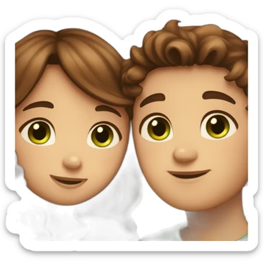 Girl with brown eyes and brown hair kisses boy with brown hair and green eyes and hugs brown fat cats sticker