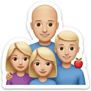 a caucasian family with a bald man, a blonde woman, two blonde girls and one blonde boy, apple style emoji sticker