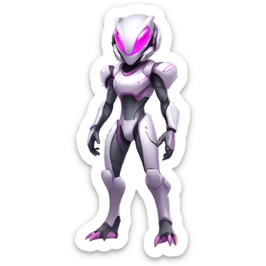 White Anthro-Lizard-Alien-Genesect-Mewtwo-Fakémon, with pink eyes, with a futuristic visor-helmet, wearing a techwear-suit, Full Body sticker