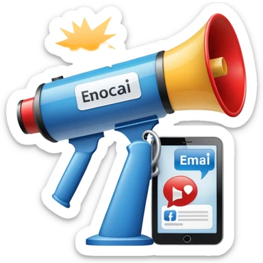 An icon featuring a megaphone, a press release, and a social media icon, symbolizing advertising and public relations. The design includes a billboard and communication network lines, representing brand promotion and media outreach. Transparent background highlights the power of communication. sticker