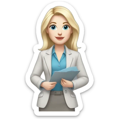 pale skin woman interior designer with cold blonde middle length hair, blue eyes, White blouse, Gray oversize jacket, Gray skirt holding a color palette in the hands sticker