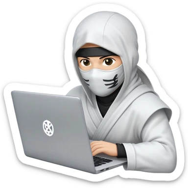 Ninja wearing white cloth without covering the head only covering the face working with laptop laptop should be center and back of the laptop ninja is working the laptop logo is dollar symbol sticker