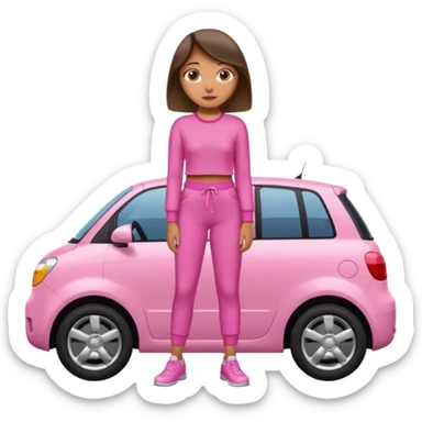 Create me a emoji girl with brown eyes in a pink outfit leaning on a car full body sticker