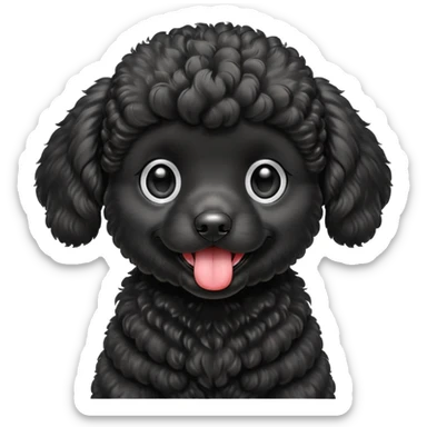A high-resolution square-format digital illustration of a black poodle puppy in a clean, emoji-inspired semi-realistic style. The poodle is shown from the chest up, facing forward with a slight tilt of the head to the left, tongue out playfully. sticker
