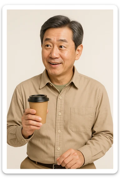 Upper body portrait of a typical Korean man aged 55-64, practical consumer vibe, expression showing interest in special promotions and reasonable benefits, eager to experience various coffee beans without burden, neat hairstyle and practical clothing, trustworthy and friendly impression, advertising mockup style sticker
