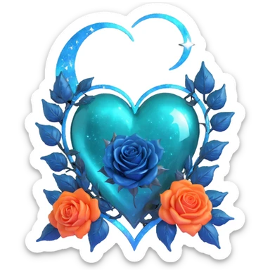 gothic heart made of dark teal glass, silver crescent moon, midnight blue roses, holographic stardust, neon lightning, drenched look, splintered glass texture sticker