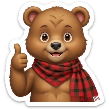 a cute bear smiling and giving thumbs up, wearing red Checkered Triangle scarf sticker
