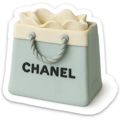 Chanel shopping bag cake in fondant cake art style, pastel blue and white sticker