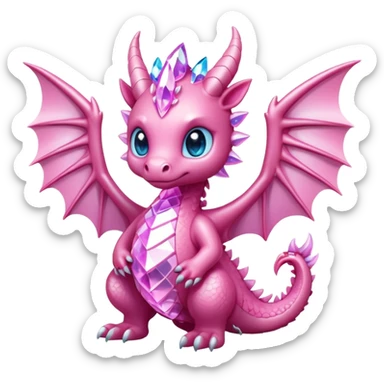 cute pink crystal dragon, body made of shiny diamond and crystal shards, glowing pastel pink light inside, big wings, sparkling eyes, kawaii epic fantasy style, bold outline, high contrast, transparent background, twitch badge sticker