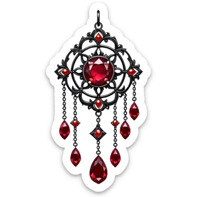 Epic gothic Hanging suncatcher, chains with shiny sparkly with ruby-gemstones and obsidian-gemstones,  sticker