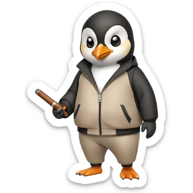 friendly anthropomorphised penguin wearing a mafia-style tracksuit, holding a cigar, secretive scheming pose, angry expression, walking with determined stride sticker