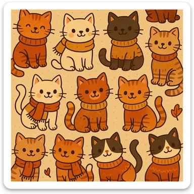 cute cats in scarves and sweaters, seamless pattern, autumn colors, warm and cozy vibe, playful cartoon style sticker