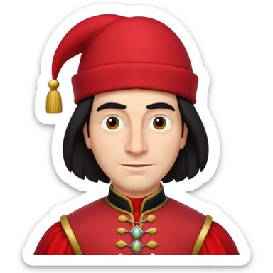 lord farquad avec un chapeau rouge plat sur le dessus, il a un vêtement rouge avec des manches bouffantes sticker