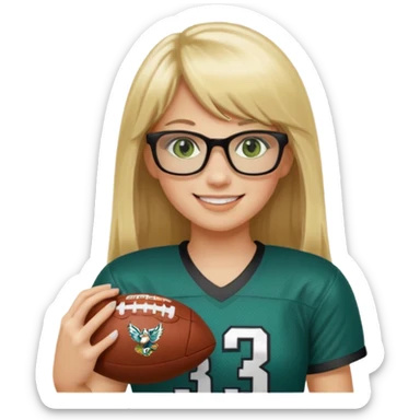 long blonde hair with bangs small black rectangle glasses female green eyes football player wearing eagles jersey number 33 holding football sticker