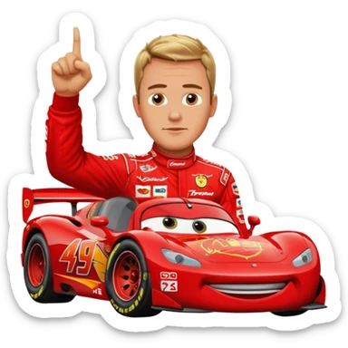 Ralf Schumacher pointing at Lightning McQueen sticker