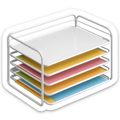 A minimal, clean emoji-style illustration of a white metal desk paper organizer tray, shown in slight isometric view so its structure is readable at a small scale. The organizer is rectangular with rounded corners, made of thin white metal wires, forming two to three stacked horizontal slots.
 sticker