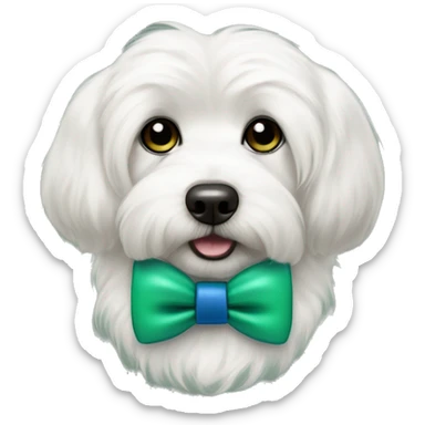 White coton de tulear dog with black ears wearing a green and blue bow tie sticker