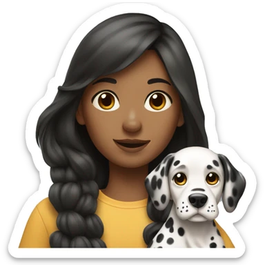 A girl with medium to long hair and holds a Dalmatian dog sticker